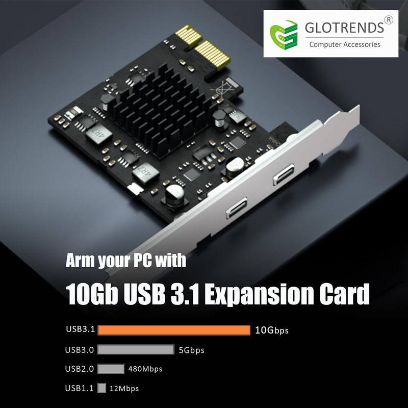 GLOTRENDS بطاقة توسيع U3142CX1 2-Port 10Gb USB 3.1 Gen2 Type-C إلى PCIE X1 مع شريحة ASM 3142، حامل عادي ومنخفض الملف - Image 2